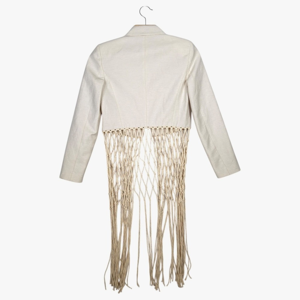 ZARA Women XS Ecru Cream Cropped Macrame Fringe Blazer Jacket - Picture 2 of 10